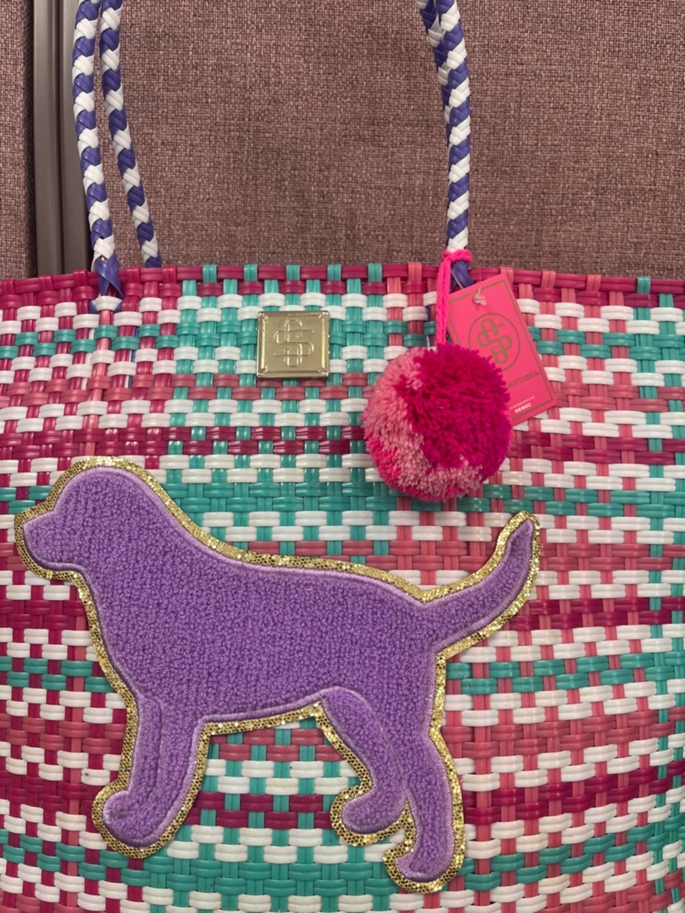 Simply Southern Multicolor Woven Tote with Purple Dog Applique - Picture 2 of 7